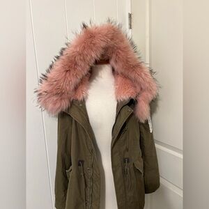 Moussy Utility Army Green Pink Fur Military Patchwork Jacket Parka